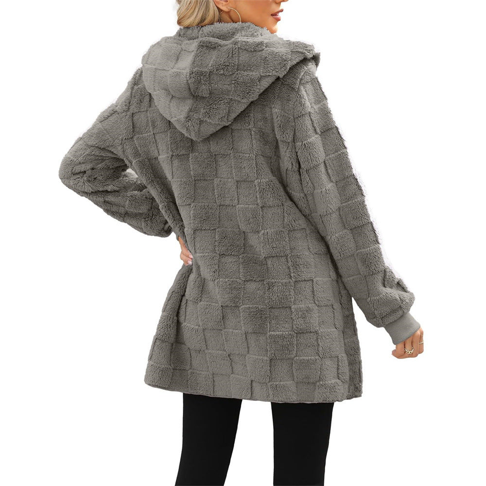 Women's Winter Plaid Jacquard Hooded Pocket Plush Women's Sweater, Sweater