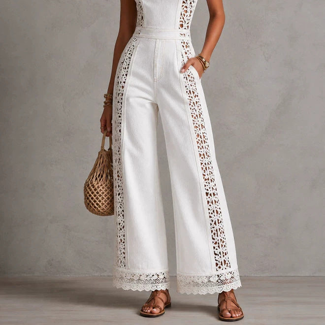 Women's Vacation Style Hollow Crochet Denim Lace Ruffled High Waist Wide Women's Jumpsuit/clothing