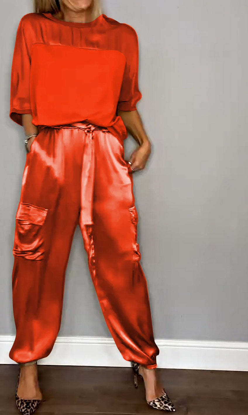 Women's Smooth Satin Short-sleeved Casual Two-piece Set Suits