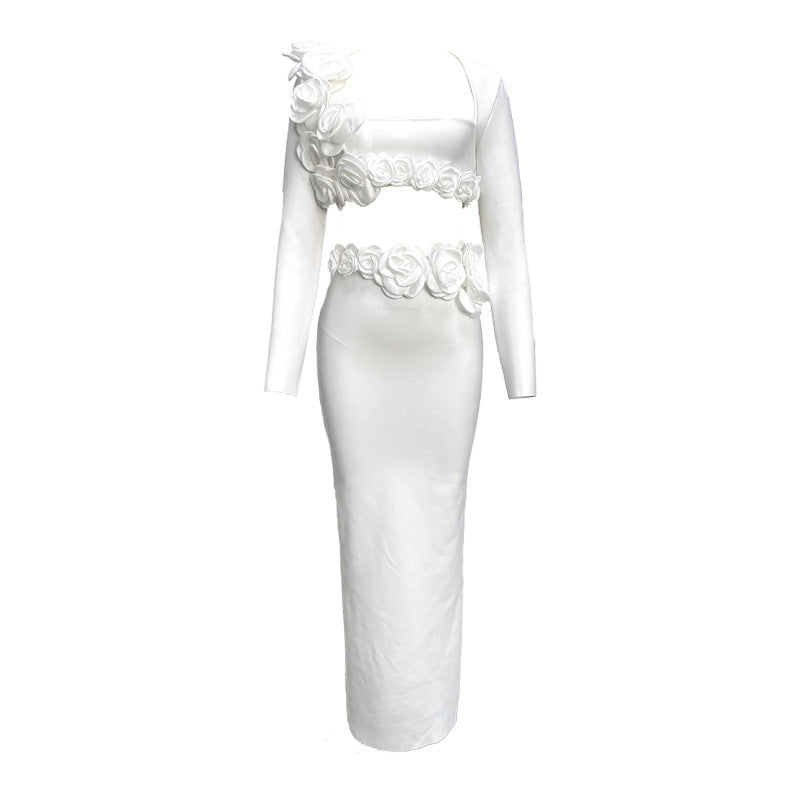 Black White Long-sleeved Flower Bandage Dress Suits