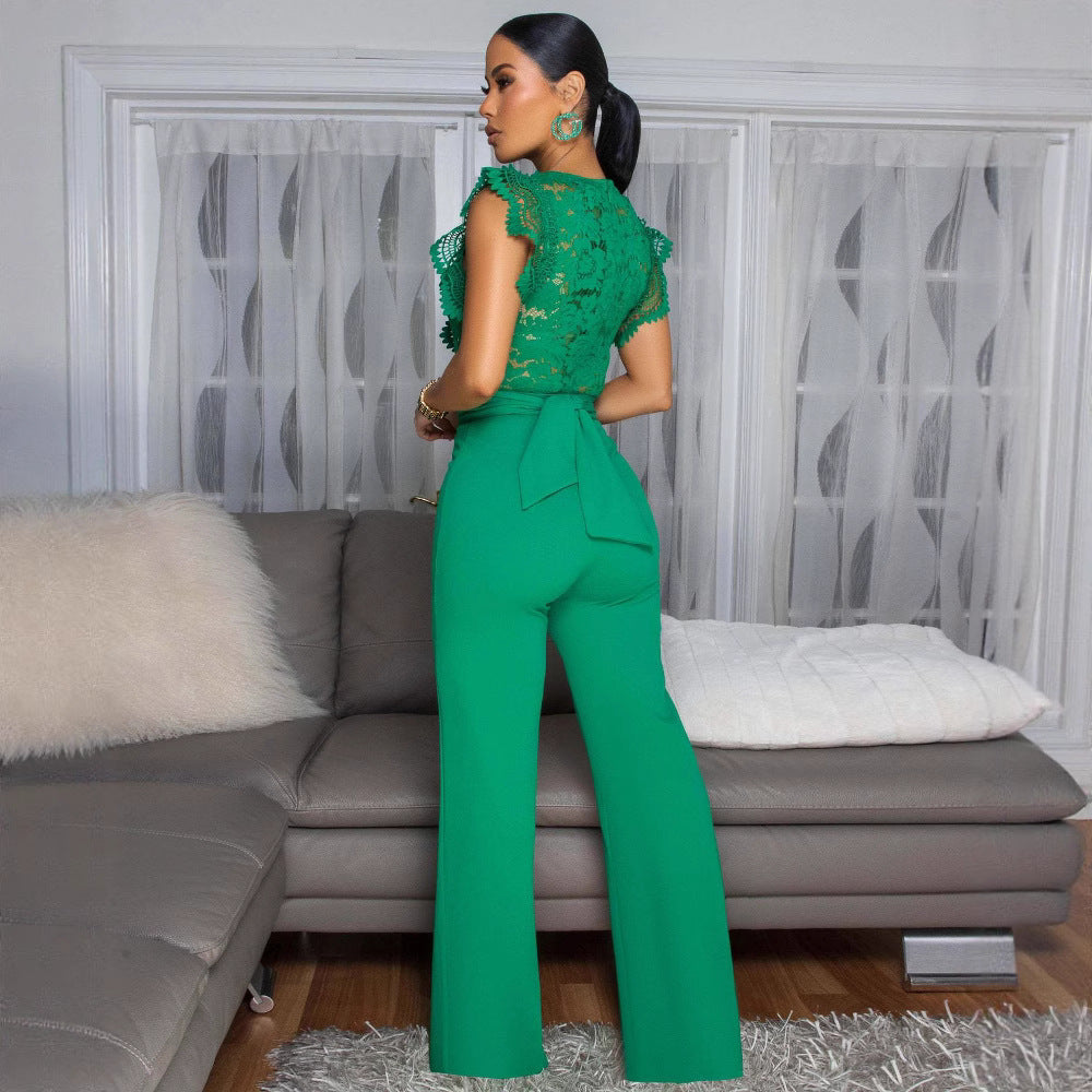 Women's Personalized Line Lace Stitching Sleeveless Casual Jumpsuits