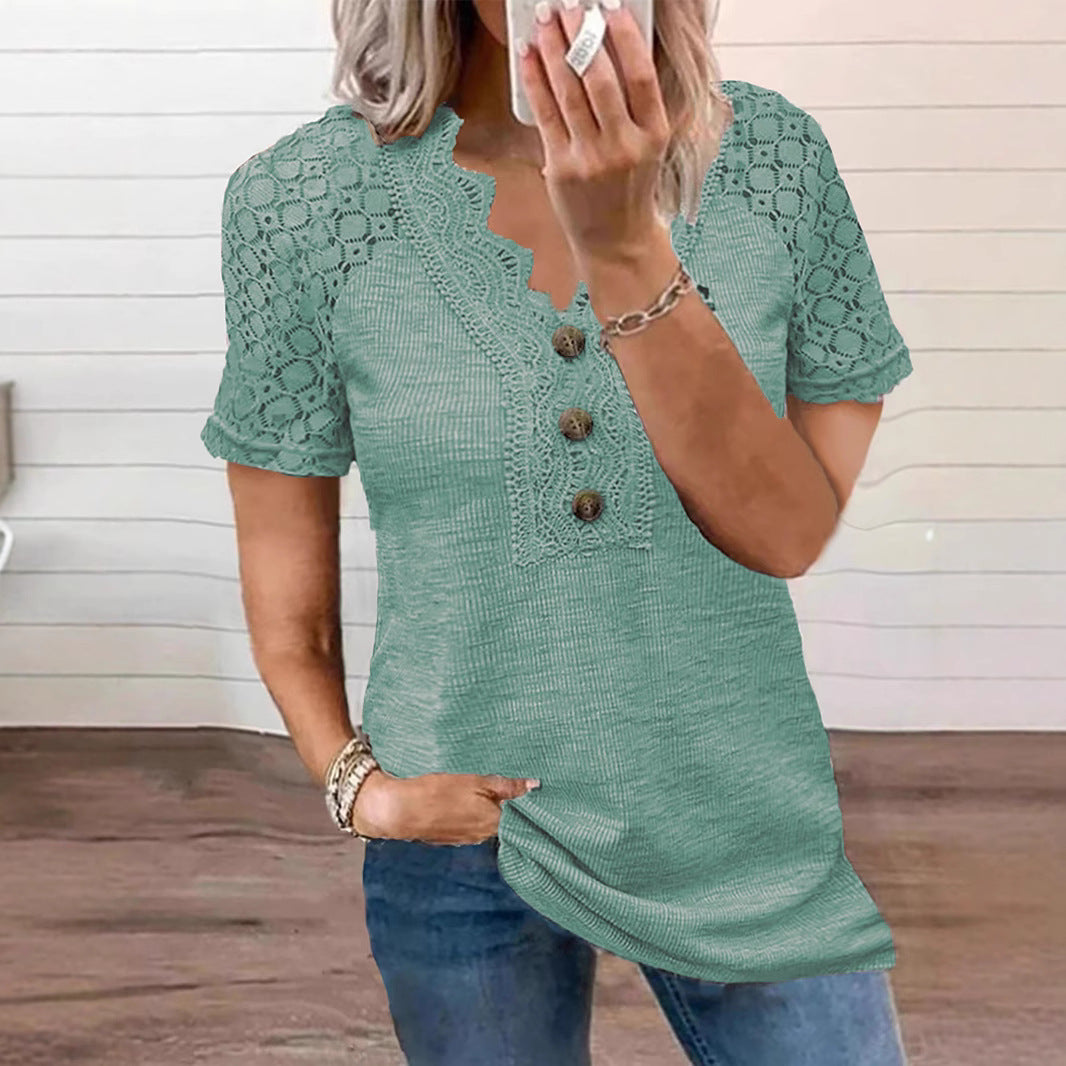 Classic Unique Women's Buttons Hollow Lace Women's T-shirt