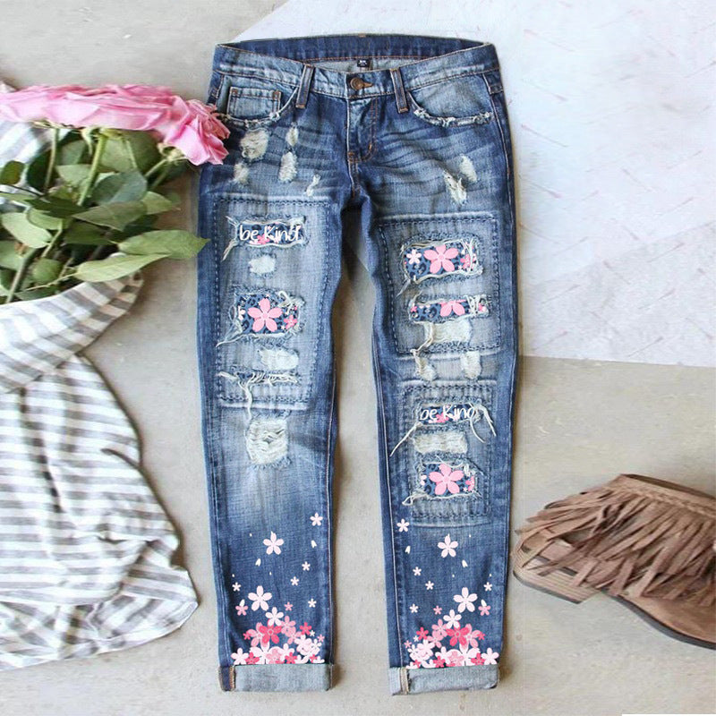 Women's Couple Print Water Washed Hole Loose Jeans