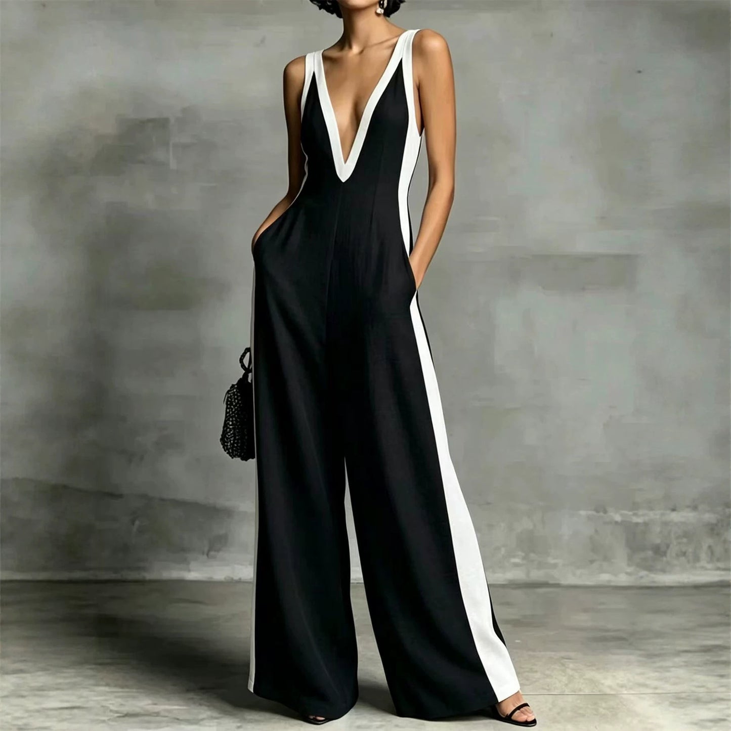 Women's Summer Fashion Wear Sleeveless Contrast Color Sling Wide Jumpsuits