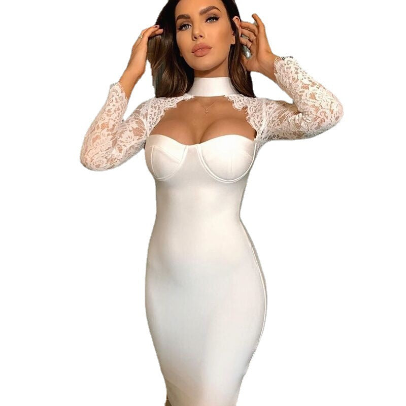 Classic Elegant Lace Sleeve Hanging Collar Dress