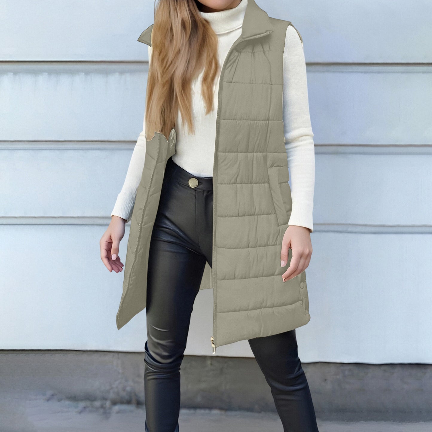 Women's Solid Color Zipper Pocket Cotton Mid-length Coats