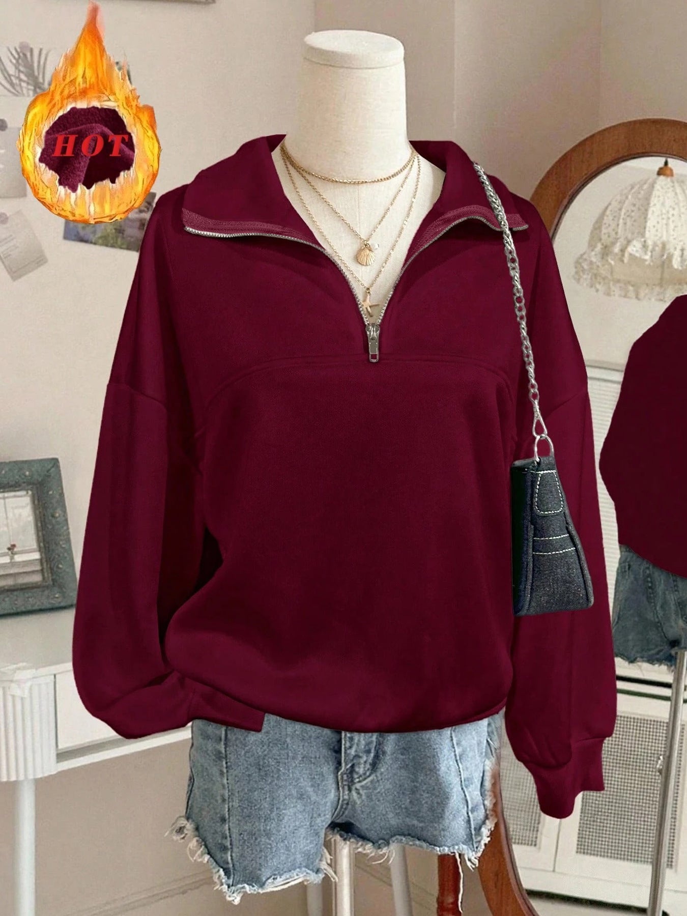 Back To School Casual Long Sleeve Lapel Half Loose Women's Sweater, Sweater