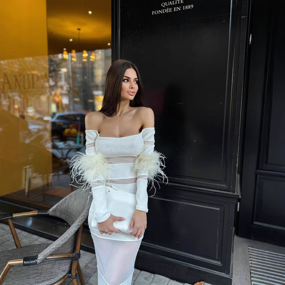 Women's Mesh Feather Sleeve White Dress Long Dresses