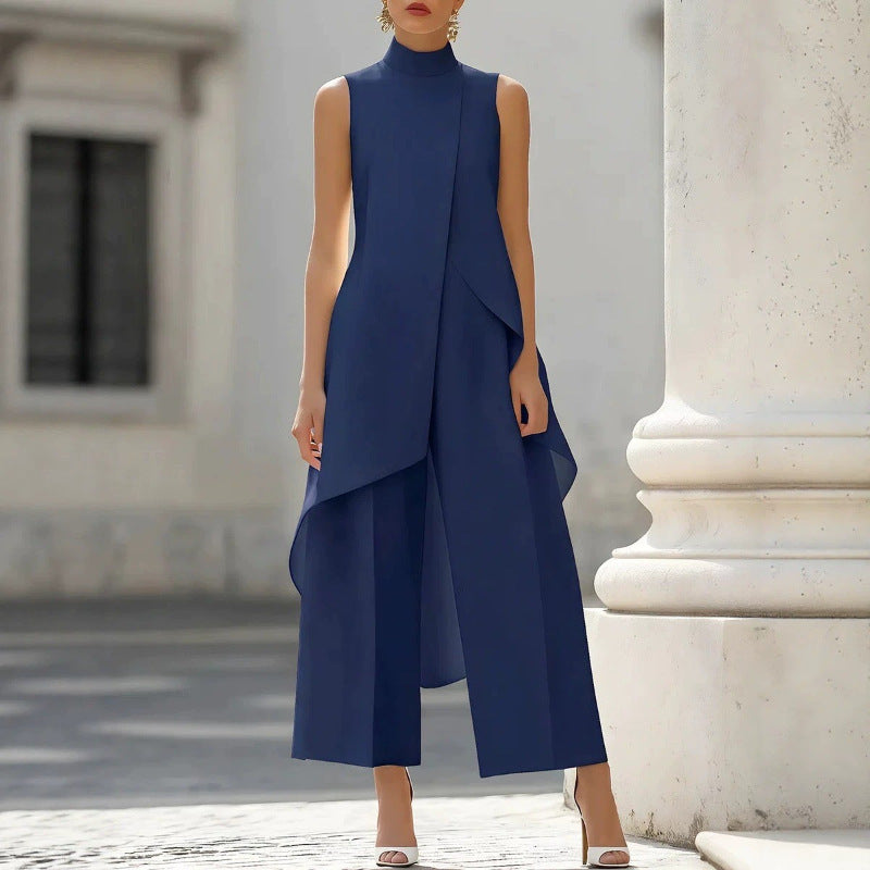 Commuter Slimming Irregular Design Turtleneck Sleeveless Laminated Pants