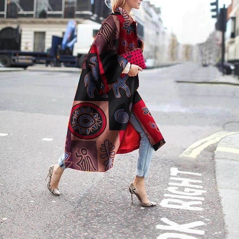 Women's Long Bell Sleeve Printed Loose Trench Coats