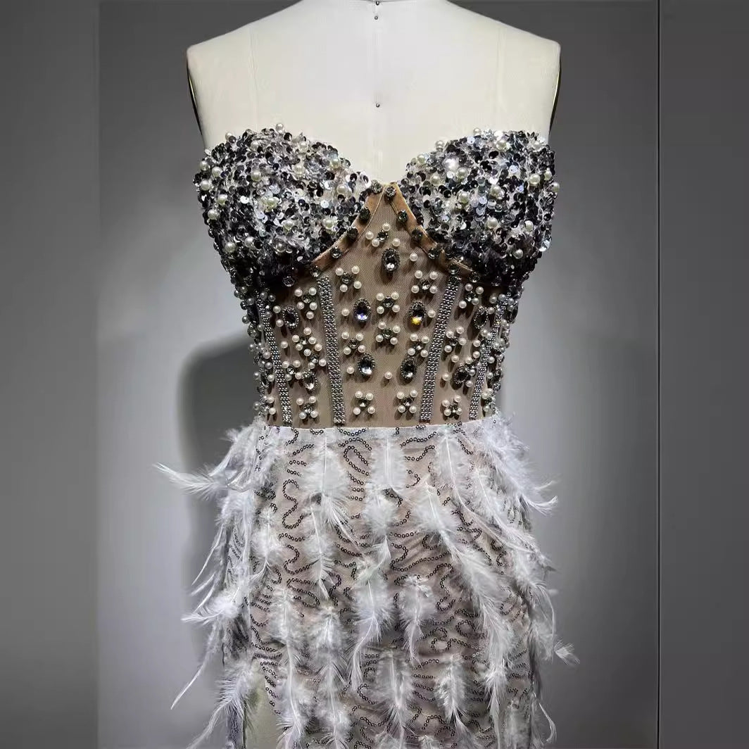 Feather Rhinestone Beaded Sexy High Split Tube Dress Birthday Dresses