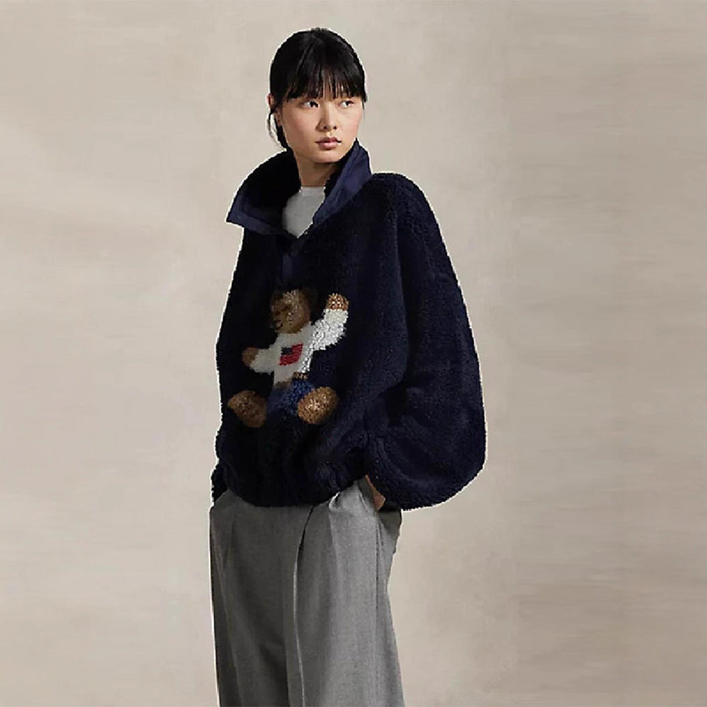 Loose Versatile Stand Collar Bear Pattern Coats