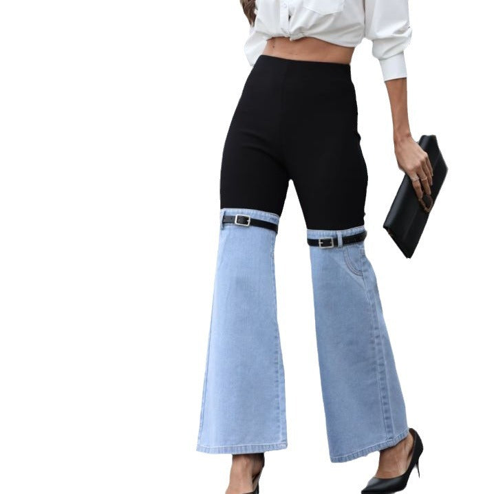 Slim Knit Denim Stitching Elastic Waist Pants