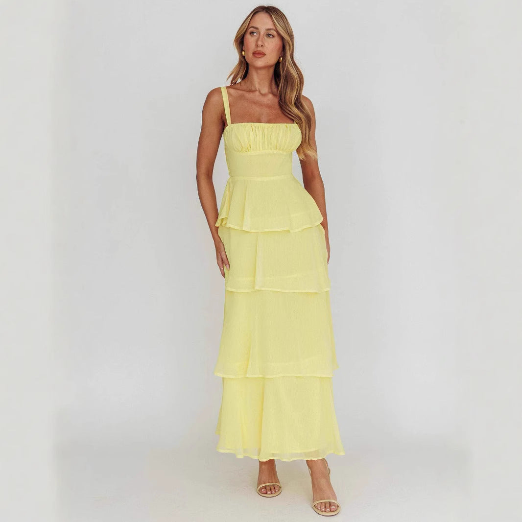 New Women's Suspender Layered Sleeveless Backless Dress