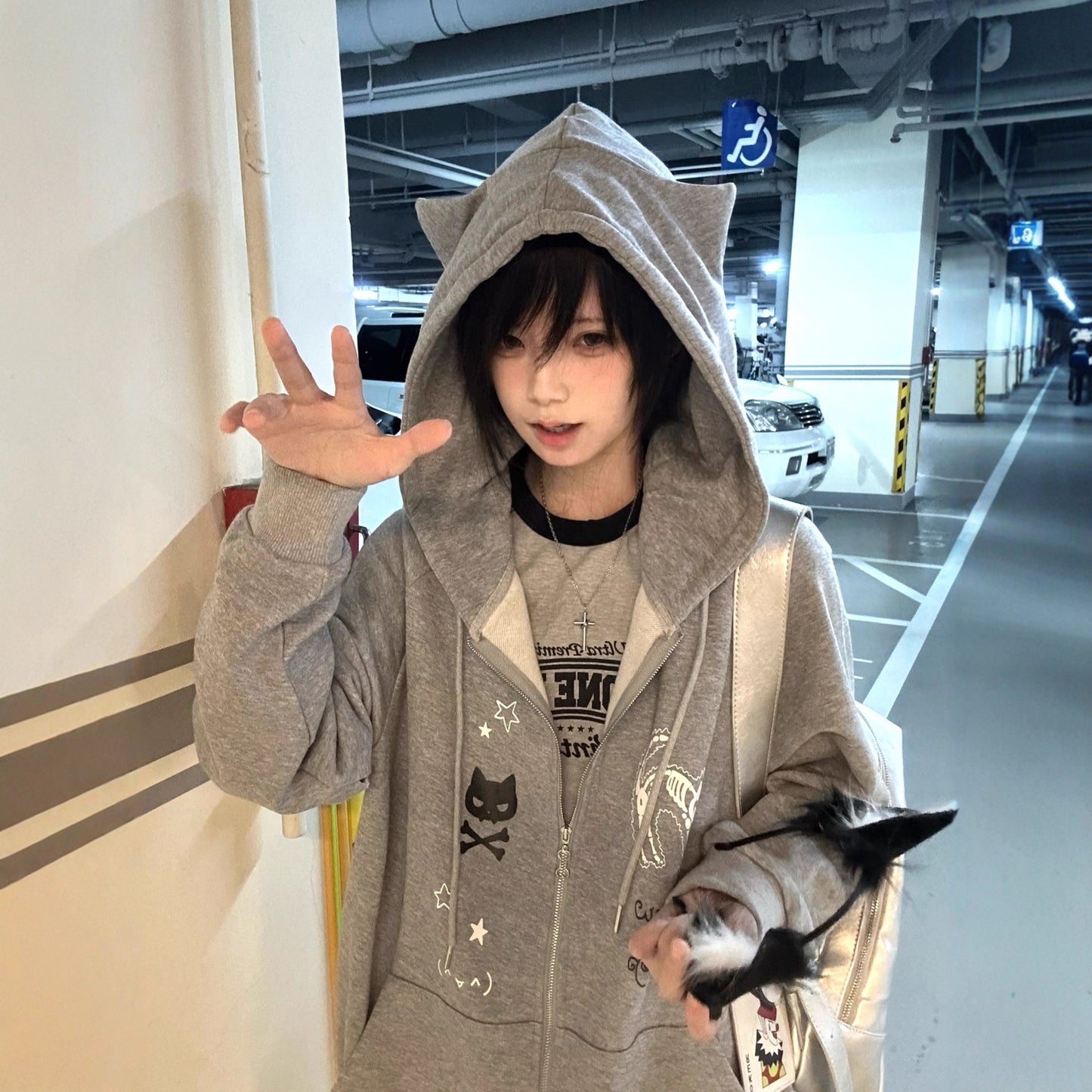 Women's Cat Gray Hooded Long Sleeve Fleece Cardigans