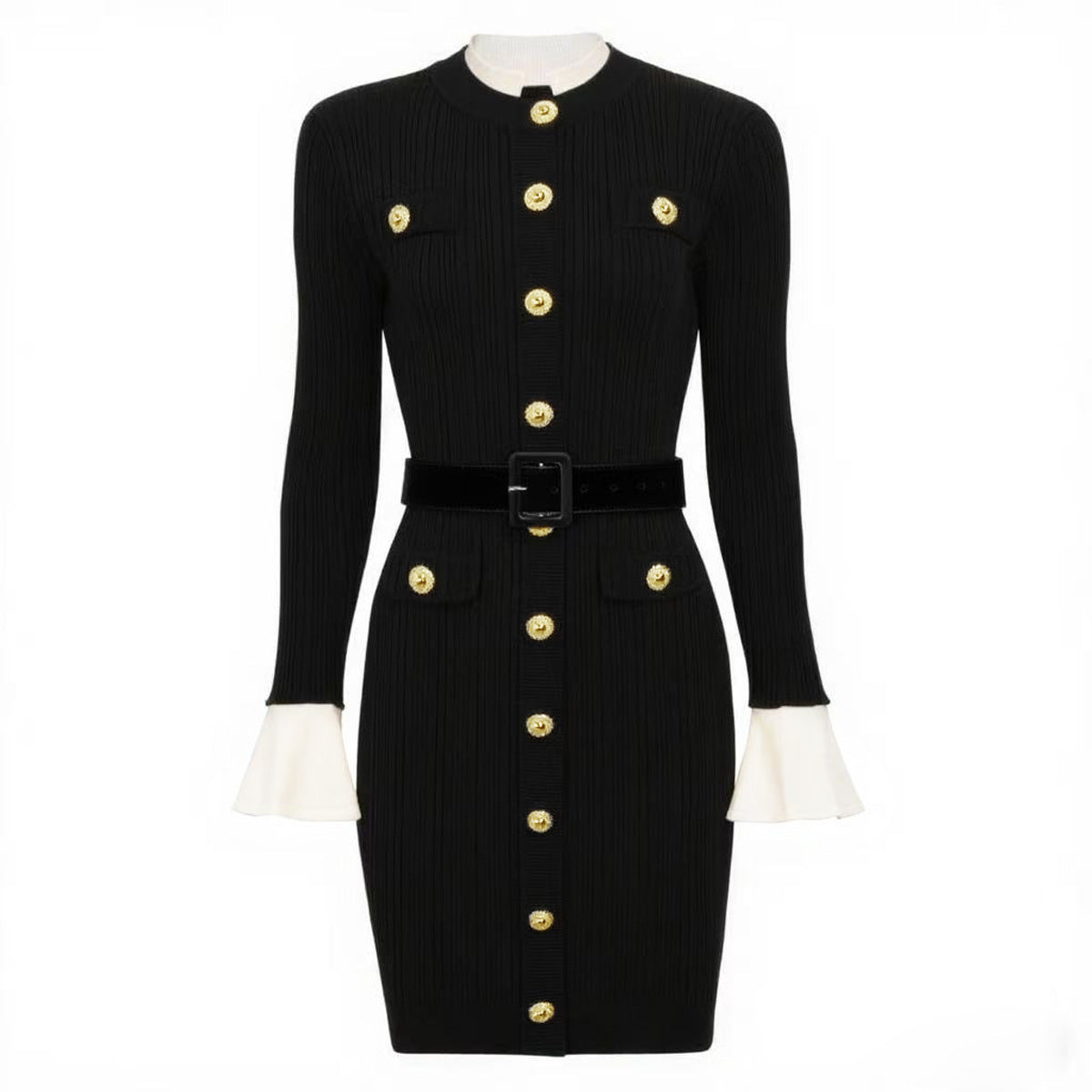 Long Sleeve Round Neck Belt Knitted Dresses