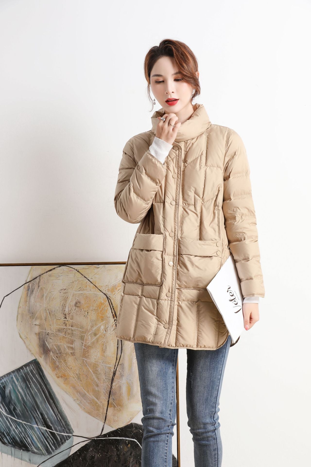 Women's Seamless Adhesive Veet Down Lightweight Mid-length Jackets