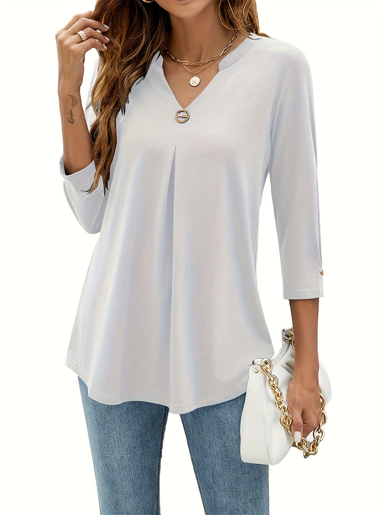Women's Three-quarter Sleeve Solid Color Clinch Pleated Women's T-shirt