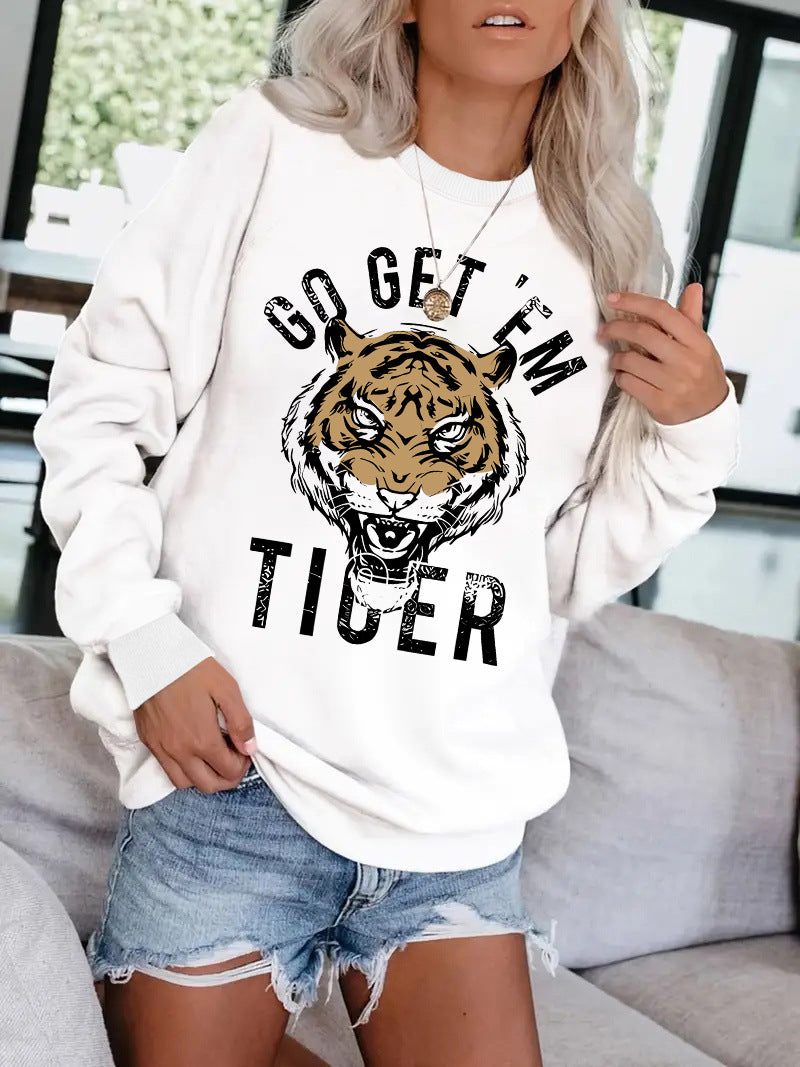 Women's Round Neck Tiger Head Portrait Printing Stylish Tops