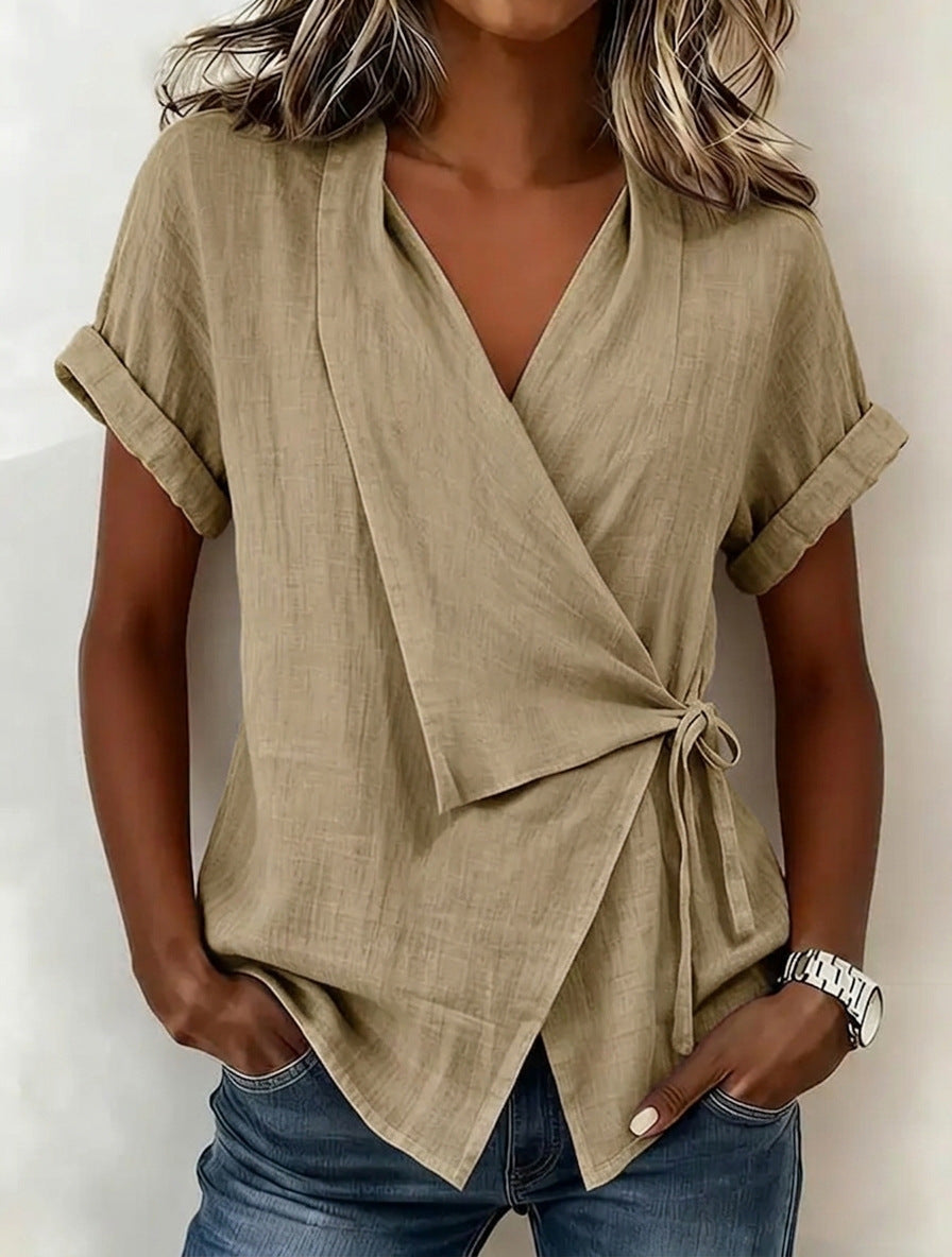 Summer Casual Solid Color Polo Collar Irregular Women's T-shirt