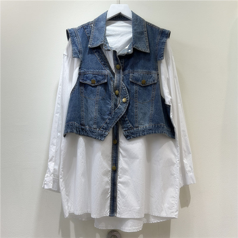 Women's Design Sense Fake Two Pieces Denim Blouses