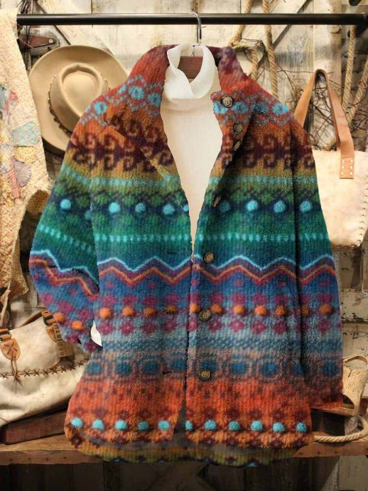 Women's Retro Fashion Digital Printing Polar Fleece Sweaters