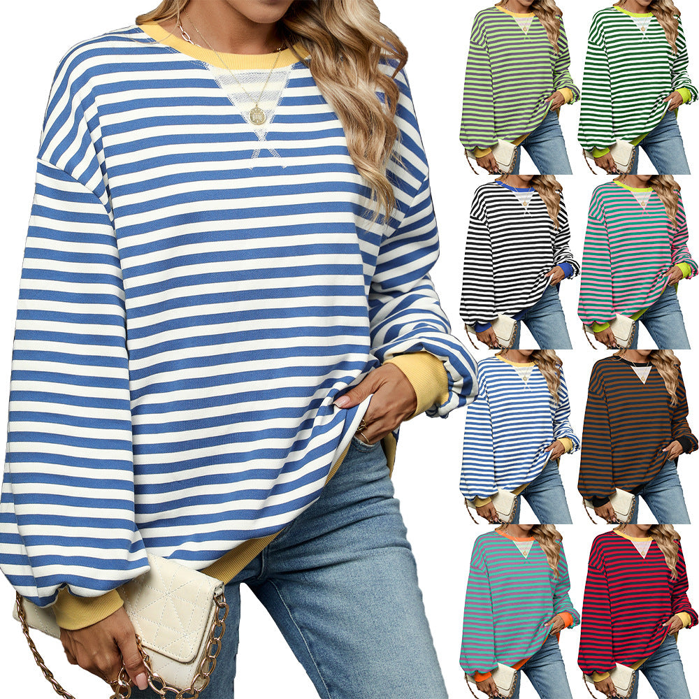 Women's Color Contrast Patchwork Loose Long Sleeve Striped Round Neck Sweaters