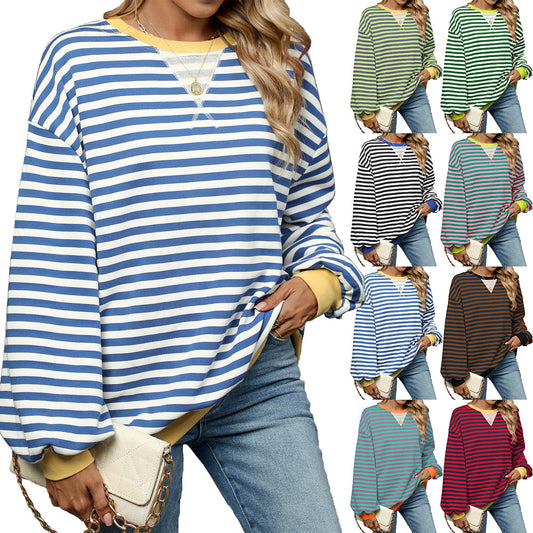 Women's Color Contrast Patchwork Loose Long Sleeve Striped Round Neck Sweaters
