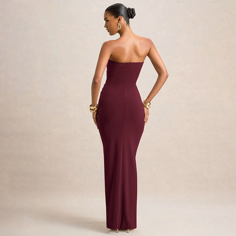 Women's Autumn Solid Color Sleeveless Pleated Wrap Hip Dress