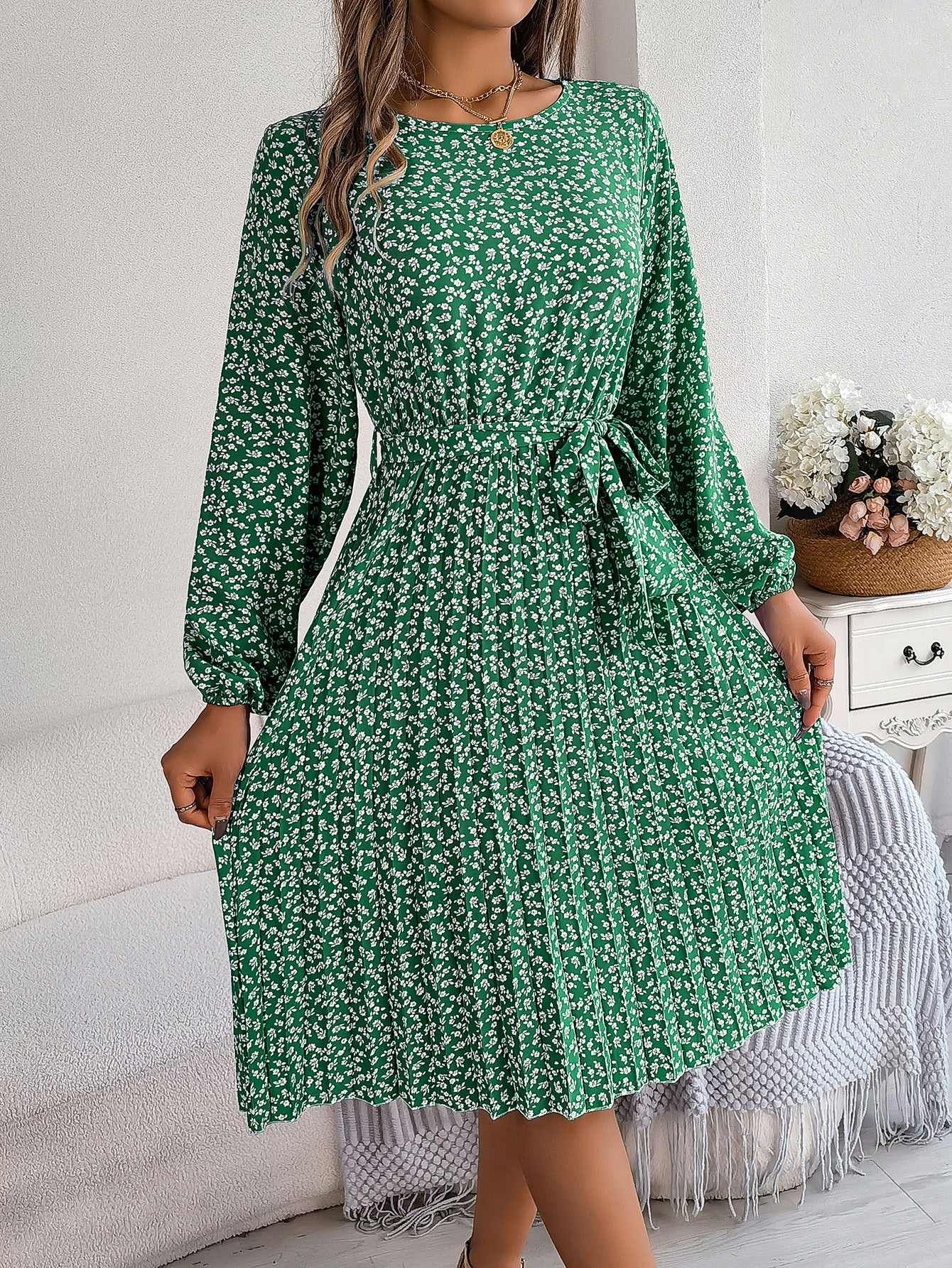 Women's Casual Long-sleeved Floral Print Pleated Dress