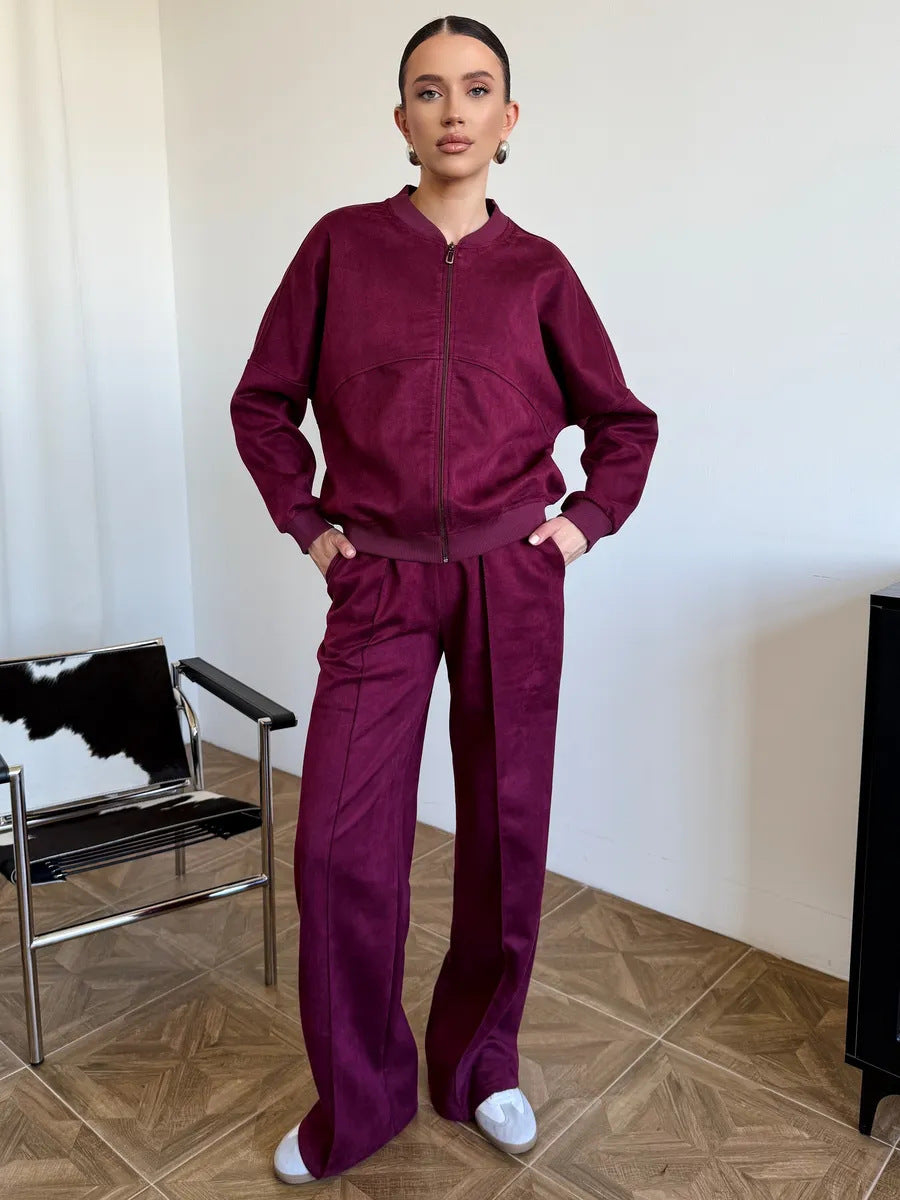 Women's Casual Solid Color Zipper Elastic Two-piece Suits