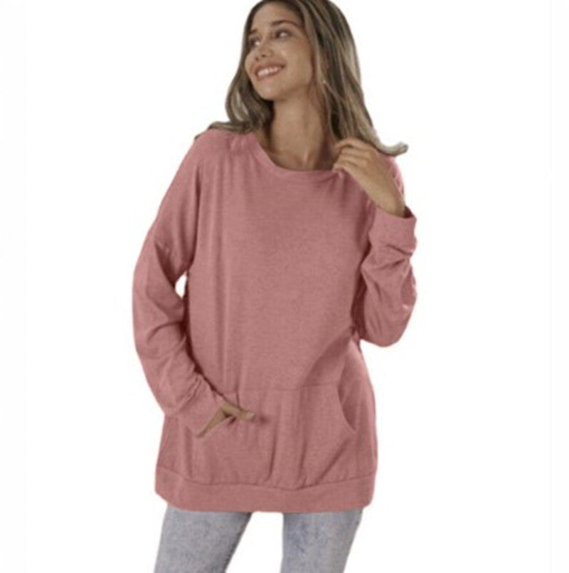 Women's Round Neck Loose Pocket Long Sleeve Tops