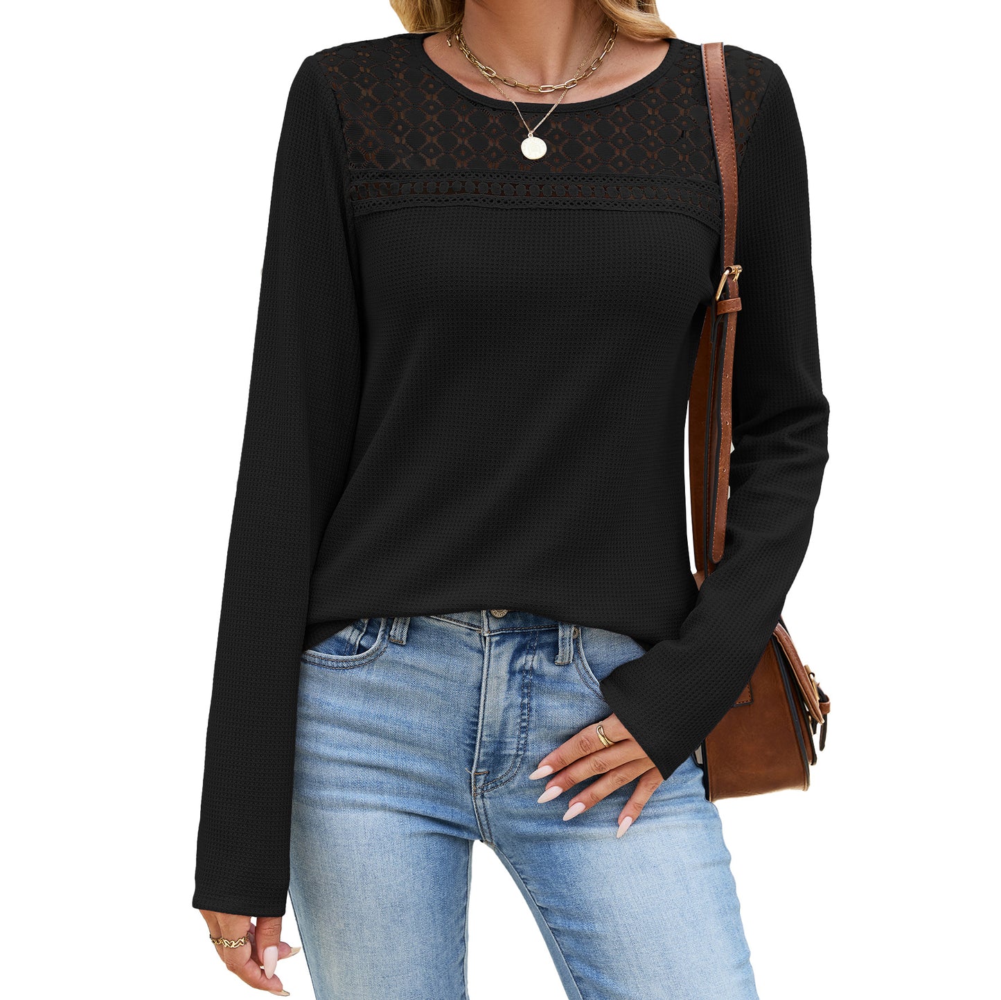 Women's Solid Color Round Neck Lace Stitching Loose Women's T-shirt