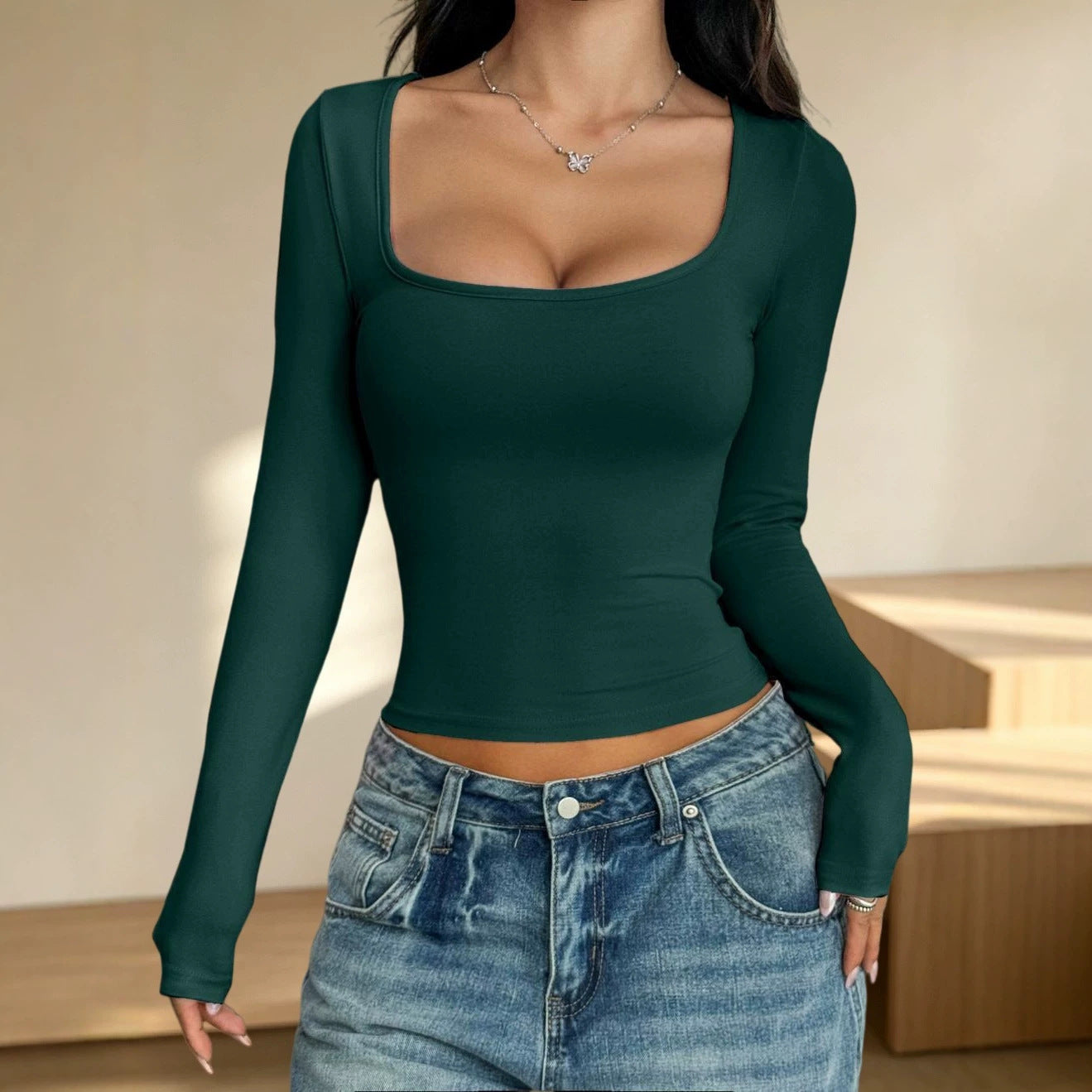 Women's Long-sleeved Autumn Slimming Hot Fashionable Wear Solid Color Women's T-shirt