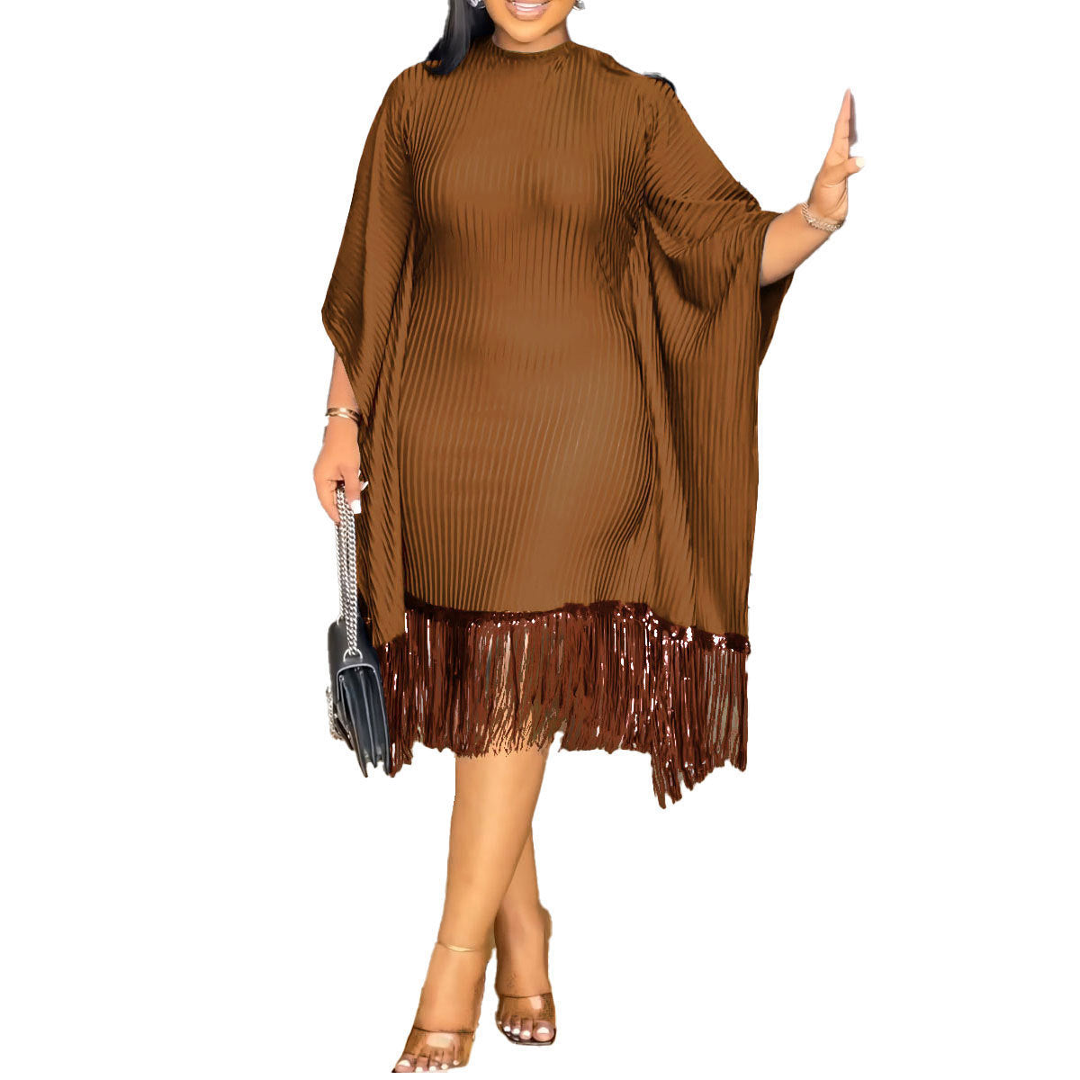 Sequined Tassel Batwing Sleeve Elastic Hip Dress