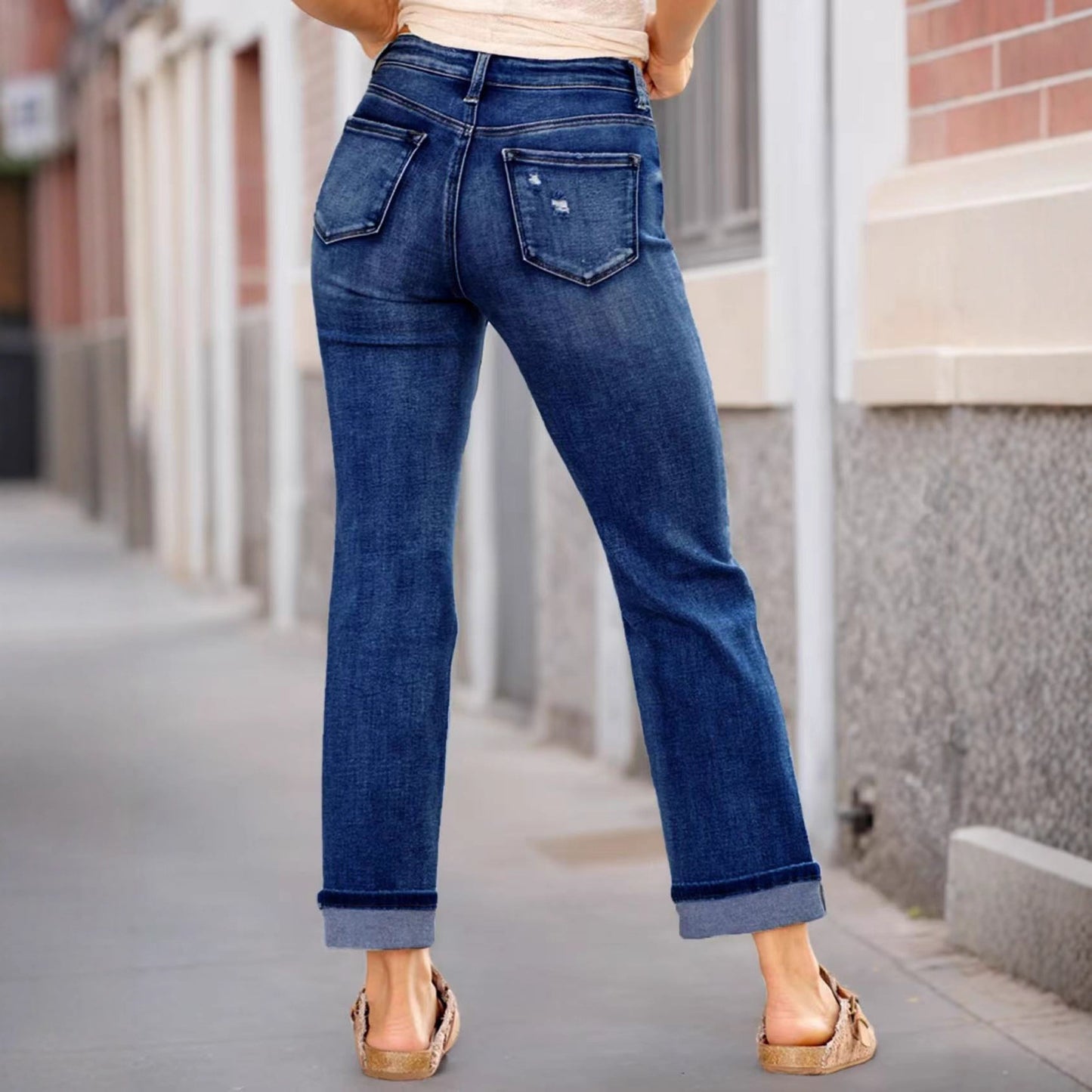 Women's Comfortable Ripped Elastic Straight Denim Trousers Women's Jeans