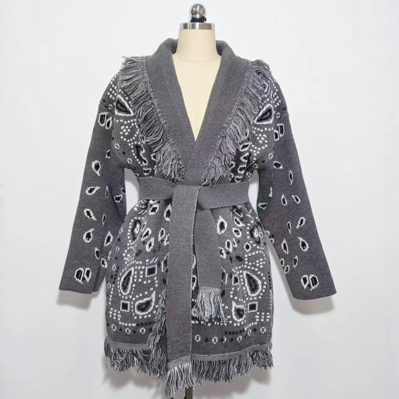 Women's Thick Tassel Jacquard Mid-length Loose Color Matching Sweaters