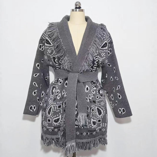 Women's Thick Tassel Jacquard Mid-length Loose Color Matching Sweaters