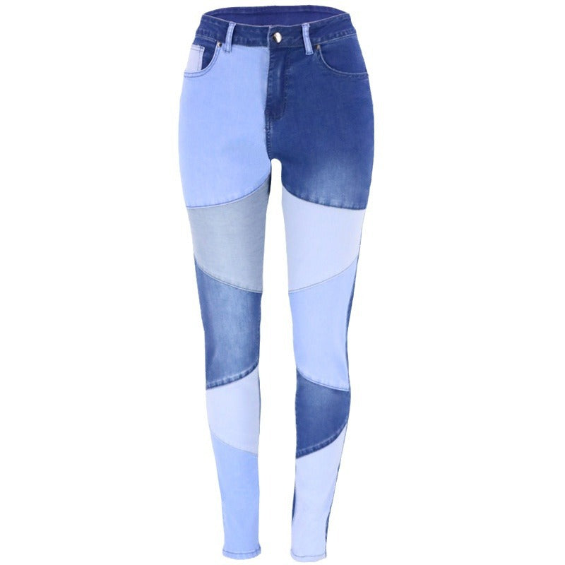 Women's Autumn Blue Black Stitching Trendy Cotton Jeans