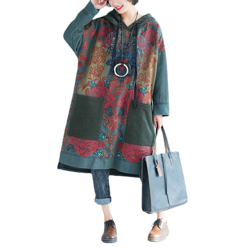 Women's Hooded Mid-length Ethnic Print Retro Distressed Dresses