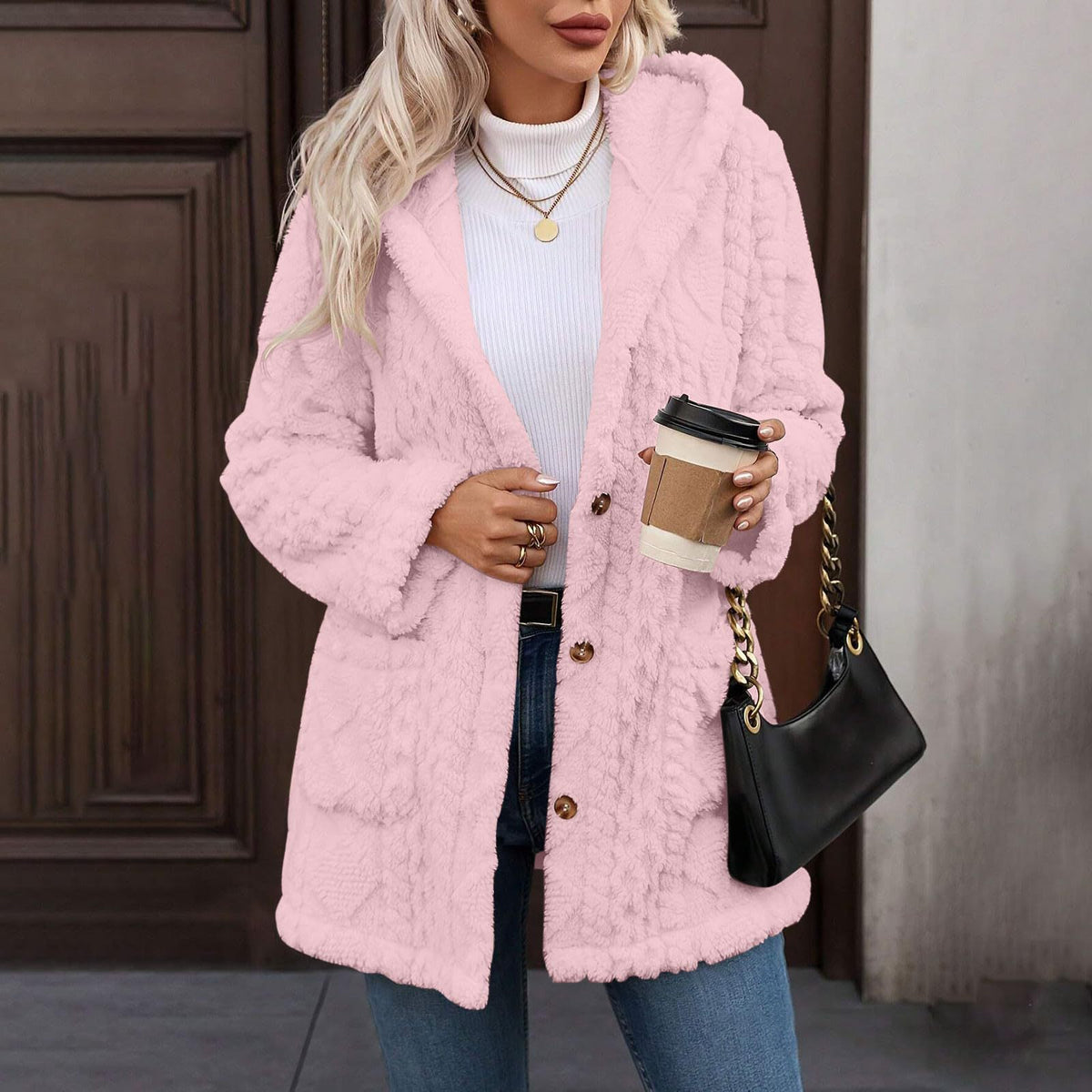 Hooded Solid Color Button Long Sleeve Women's Sweater, Sweater