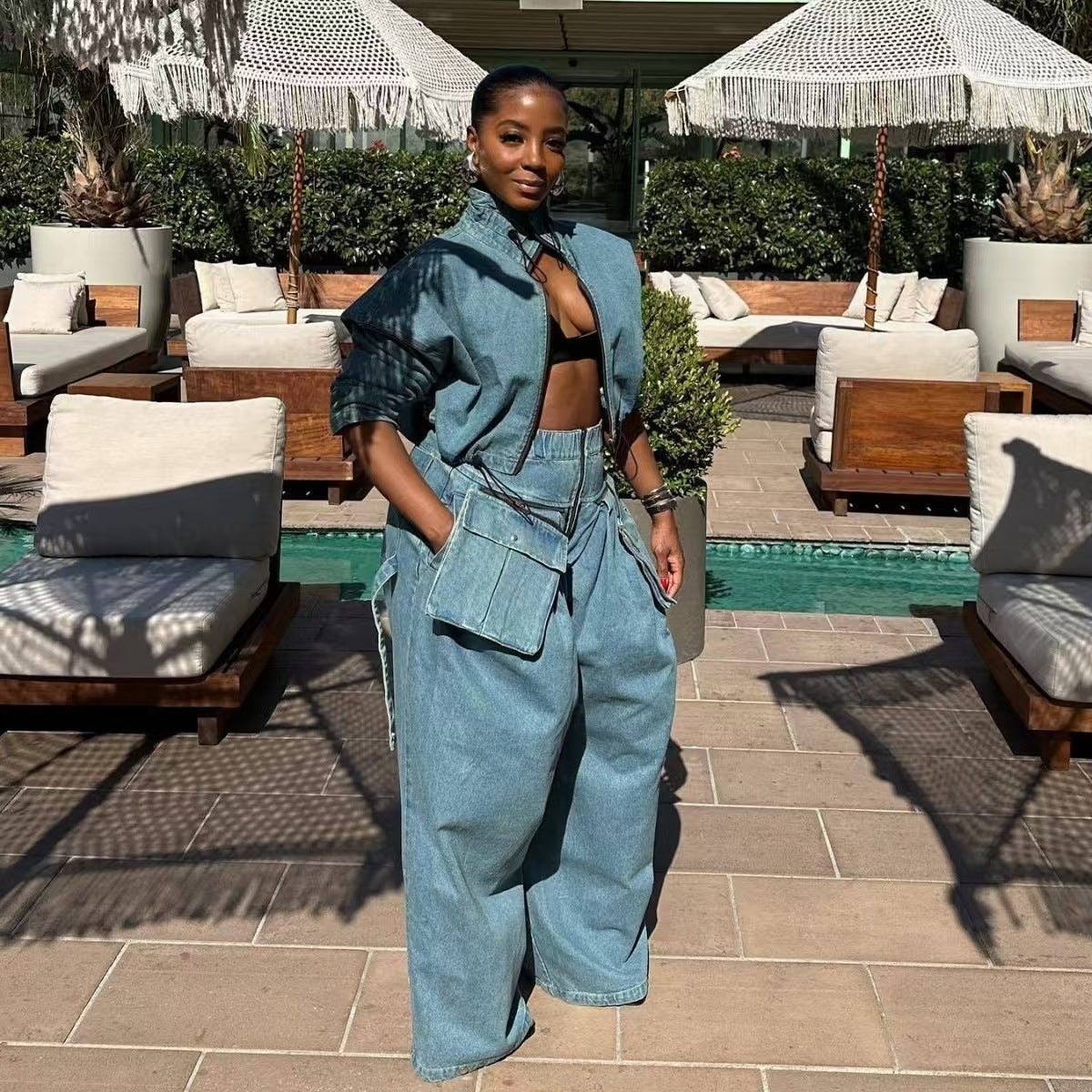 Women's Fashion Retro Wide Leg Loose Denim Suits