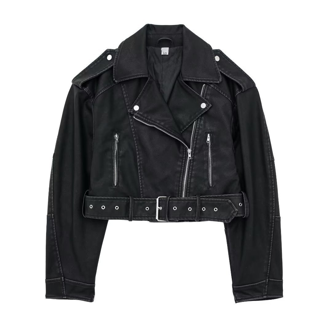 Women's Oblique Zipper Belt Lapel Leather Jackets