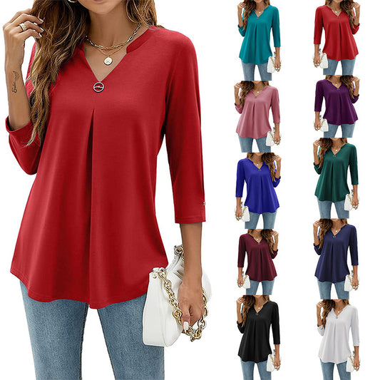 Women's Three-quarter Sleeve Solid Color Clinch Pleated Women's T-shirt