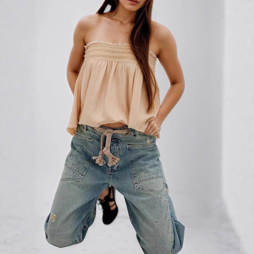 Women's Stitching Summer Loose Straight Drawstring Lace Jeans
