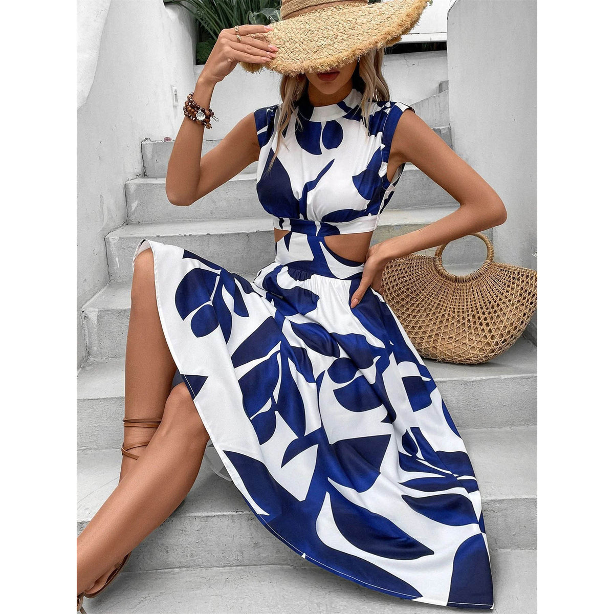 Women's Summer Round Neck Sleeve High Waist Plant Floral Print Dress