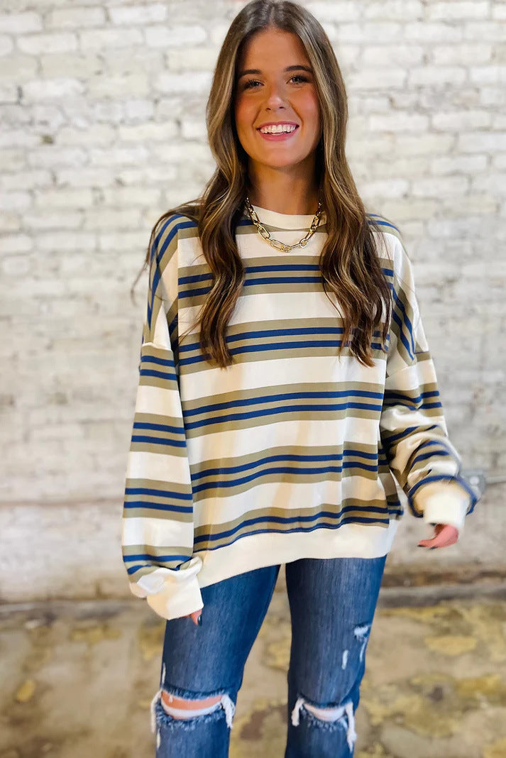 Women's Knitted Fashion Loose Slimming Contrast Color Round Women's Sweater, Sweater