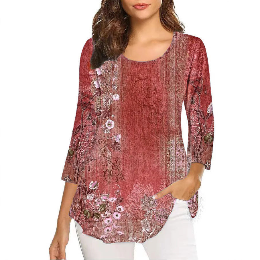 Autumn Three-quarter Sleeve Round Neck Printed Mid-length Bottoming Tops