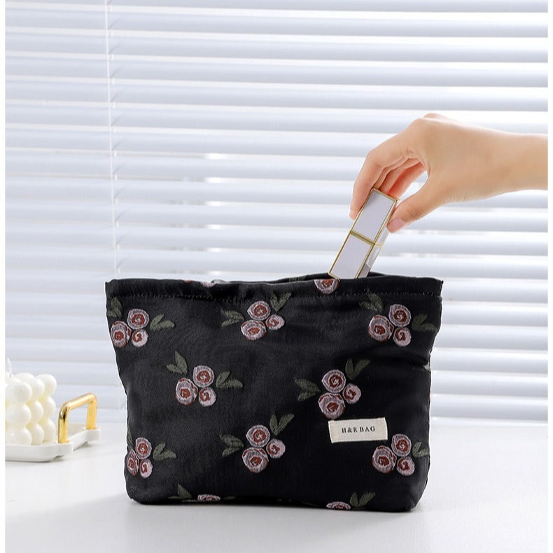 Linen Plant Embroidery Hand-held Portable Canvas Cosmetic Bags