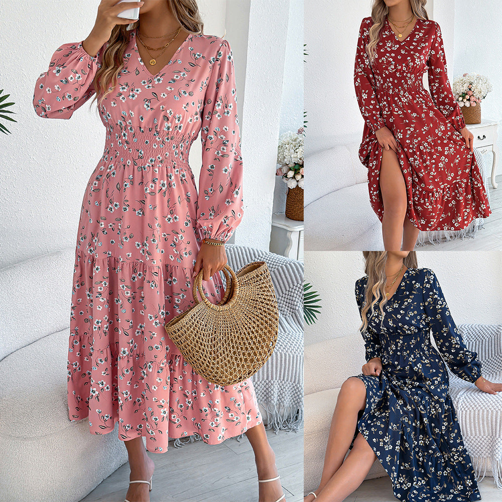 Women's Flowers Long Sleeve Waist Trimming Ruffles A- Line Dress